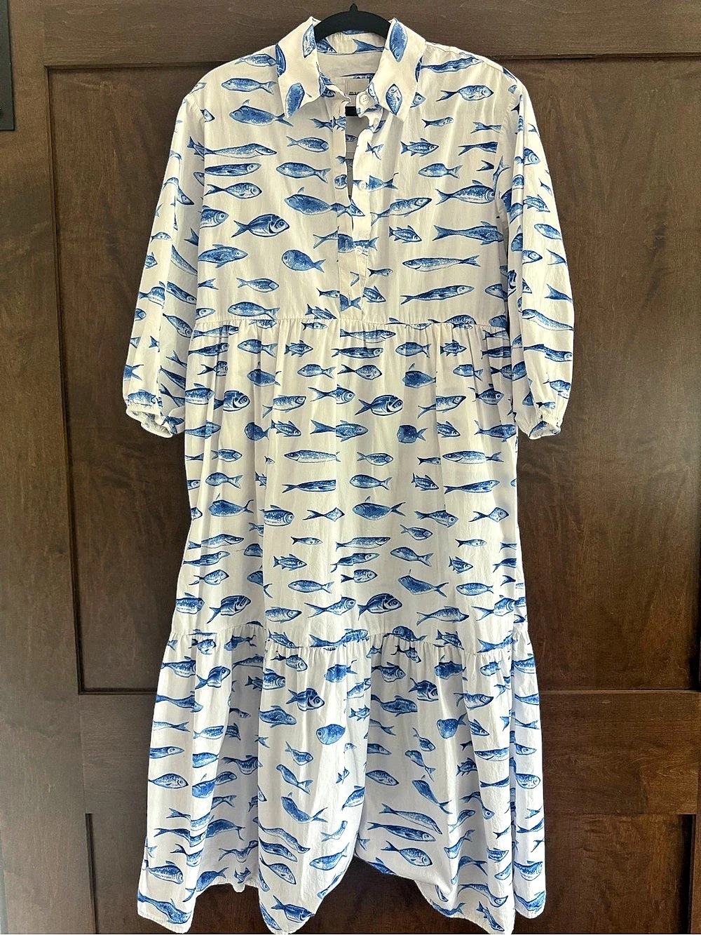 Maeve The Bettina Tiered Shirt Dress Blue & White Fish Print Midi Dress